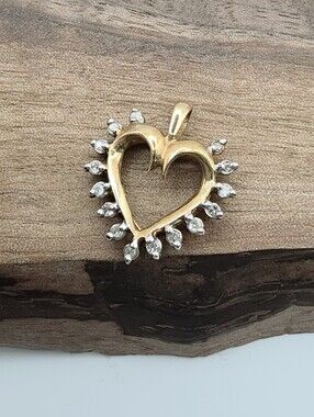 Vintage 10k Gold & Diamond Open Heart Pendant Fine Estate Jewelry Love Sunburst